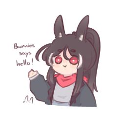 Rule 34 | 1girl, :&gt;, animal ear fluff, animal ears, bandana, black hair, black jacket, blush stickers, chonkyorca, closed mouth, commentary, cropped torso, english text, grey shirt, hair between eyes, highres, jacket, long hair, long sleeves, multicolored hair, open clothes, open jacket, original, ponytail, puffy long sleeves, puffy sleeves, rabbit ears, red eyes, shirt, short eyebrows, simple background, sleeves past wrists, solo, streaked hair, thick eyebrows, upper body, white background, white hair