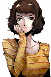 Rule 34 | 1girl, breasts, brown eyes, brown hair, collarbone, highres, kawakami sadayo, lips, looking at viewer, nose, persona, persona 5, pertex 777, scoop neck, shirt, short hair, small breasts, smile, solo, standing, striped clothes, striped shirt, upper body, white background