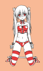 Rule 34 | 1girl, bad id, bad pixiv id, bdsm, blush, bondage, bound, breasts, choker, cuffs, fish.boy, highres, kneeling, latex, looking at viewer, medium breasts, navel, original, partially colored, red eyes, solo, spreader bar, striped clothes, striped thighhighs, thighhighs, twintails
