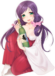 Rule 34 | 10s, 1girl, alcohol, blush, bottle, breasts, cleavage, green eyes, hair over shoulder, highres, japanese clothes, large breasts, long hair, looking at viewer, love live!, love live! school idol festival, love live! school idol project, miko, nakahashi mizuki, open mouth, purple hair, sake bottle, simple background, smile, solo, tojo nozomi, twintails, white background