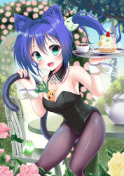 Rule 34 | 1girl, animal ears, aqua eyes, bare shoulders, between breasts, bird, blue hair, blush, breasts, cake, cat ears, cat tail, chair, cleavage, coffee, cup, detached collar, flower, food, highres, kittysuit, leotard, long hair, moe2016, nontraditional playboy bunny, original, pantyhose, playboy bunny, side ponytail, smile, solo, table, tail, tray, usiedo akatuki, wrist cuffs