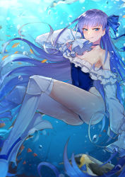 Rule 34 | 1girl, armor, ass, bare shoulders, bird, blue eyes, blue one-piece swimsuit, blue ribbon, blush, breasts, choker, closed mouth, covered navel, fate/grand order, fate (series), fish, frills, greaves, hair between eyes, hair ribbon, highleg, highleg swimsuit, highres, kaer sasi dianxia, licking lips, long hair, long sleeves, looking at viewer, meltryllis, meltryllis (fate), meltryllis (swimsuit lancer) (fate), meltryllis (swimsuit lancer) (second ascension) (fate), one-piece swimsuit, penguin, puffy sleeves, purple hair, ribbon, sleeves past fingers, sleeves past wrists, small breasts, smile, solo, swimsuit, thighs, tongue, tongue out, underwater, very long hair