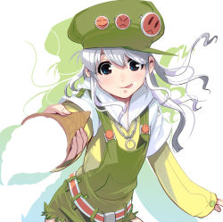 Rule 34 | 1girl, :p, belt, blue eyes, blush, food, foreshortening, hat, ice cream, jewelry, kouno (masao), long hair, looking at viewer, necklace, original, outstretched arm, overalls, shorts, silver hair, simple background, solo, tongue, tongue out, white background