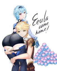 Rule 34 | 1boy, 1girl, absurdres, aether (genshin impact), artist request, ass, bare shoulders, blonde hair, blue hair, blush, braid, carrying, embarrassed, eula (genshin impact), from behind, genshin impact, gloves, highres, long hair, purple eyes, shiny clothes, shiny skin, short shorts, shorts, single braid, smile, thighhighs, unitard, yellow eyes