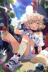 Rule 34 | 1girl, absurdres, animal ear fluff, animal ears, asami-chan, bandaid, bandaid hair ornament, belt, black collar, black socks, blonde hair, blue eyes, blue sky, blush, breasts, collar, cropped shirt, dog ears, dog girl, dog tail, fang, fishnet socks, fishnets, frilled shorts, frills, hair ornament, highres, hololive, hololive english, looking at viewer, medium hair, mococo abyssgard, mococo abyssgard (1st costume), open mouth, pink belt, pink hair, shirt, shorts, sky, small breasts, socks, solo, spiked collar, spikes, tail, virtual youtuber, white arm warmers, white shirt, white shorts, x hair ornament