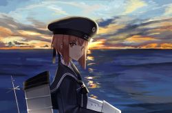 Rule 34 | 10s, 1girl, brown eyes, brown hair, chimney, cloud, hat, horizon, kantai collection, looking at viewer, looking to the side, matching hair/eyes, ruisento, sailor collar, sky, smile, solo, sunrise, upper body, water, z3 max schultz (kancolle)