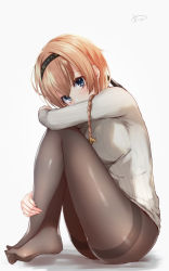 Rule 34 | 1girl, ass, black headband, black skirt, blue eyes, blush, braid, breasts, crossed legs, from side, full body, grey sweater, hair ornament, hand on leg, headband, highres, kantai collection, large breasts, light brown hair, long sleeves, looking at viewer, no shoes, pantyhose, pleated skirt, propeller hair ornament, ribbed sweater, sakiryo kanna, shadow, signature, skirt, solo, striped clothes, striped skirt, sweater, teruzuki (kancolle), thighband pantyhose, white background