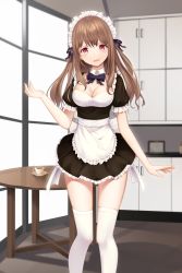 Rule 34 | 1girl, :d, absurdres, apron, black shirt, black skirt, blush, breasts, brown hair, cleavage, coffee, collar, commentary request, cup, detached collar, fingernails, frilled apron, frilled skirt, frills, hair between eyes, hand up, head tilt, highres, indoors, karin (fineyanny), long hair, maid, maid headdress, medium breasts, open mouth, original, picture frame, pleated skirt, red eyes, saucer, shirt, skirt, smile, solo, standing, table, thighhighs, waist apron, white apron, white collar, white thighhighs, window, wing collar, zettai ryouiki