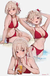 Rule 34 | 1girl, :p, ;d, absurdres, armpits, arms up, barefoot, bikini, blonde hair, bottle, breasts, cowboy shot, drinking, drinking straw, drinking straw in mouth, highres, large breasts, lycoris recoil, lying, multiple views, navel, nishikigi chisato, on stomach, one eye closed, open mouth, red bikini, red eyes, short hair, sitting, smile, sooon, stomach, swimsuit, tongue, tongue out, wading, water, yokozuwari
