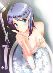 Rule 34 | 00s, 1girl, argon, bath, bathing, bathroom, bathtub, blue eyes, blue hair, blush, breasts, bubble bath, censored, collarbone, convenient censoring, covering one breast, covering privates, foam, foreshortening, from above, groin, hair ornament, hairclip, idolmaster, idolmaster dearly stars, index finger raised, indoors, light smile, looking at viewer, matching hair/eyes, medium breasts, mizutani eri, navel, nude, parted bangs, perspective, short hair, showering, smile, soap, soap bubbles, soap censor, solo, standing, tile wall, tiles, wading, water, wet