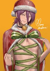 Rule 34 | 1girl, 900p, absurdres, alternate costume, bad id, bad pixiv id, bell, black choker, breasts, chainsaw man, choker, christmas, cloak, flat chest, green eyes, hair between eyes, highres, looking at viewer, merry christmas, neck bell, nude, orange background, purple hair, reze (chainsaw man), ribbon, simple background, solo