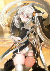 Rule 34 | 1girl, ass, blush, char, from behind, hair ornament, looking at viewer, looking back, original, red eyes, silver hair, solo, thighhighs, tonfa, twintails, weapon, white thighhighs