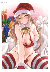 Rule 34 | 1girl, absurdres, animal ears, arm support, bell, bikini, blush, breasts, cameltoe, cle masahiro, detached collar, fang, fang out, gloves, gluteal fold, grabbing own breast, hat, highres, large breasts, light brown hair, long hair, looking at viewer, micro bikini, naughty face, navel, nipple slip, nipples, o-ring, o-ring bikini, red bikini, red gloves, sack, santa hat, scan, sitting, smile, solo, striped clothes, striped thighhighs, swimsuit, tail, thighhighs, tiger ears, tiger tail, toranoana, yellow eyes