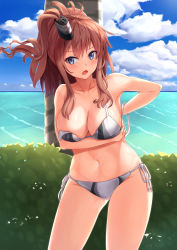 Rule 34 | 1girl, bad anatomy, bikini, blue eyes, blue sky, blush, breast hold, breasts, brown hair, cleavage, cloud, cloudy sky, collarbone, day, grey bikini, highres, kantai collection, large breasts, long hair, multicolored bikini, multicolored clothes, navel, ocean, open mouth, ryouya, saratoga (kancolle), side ponytail, sky, solo, swimsuit, untied bikini