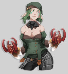 Rule 34 | 10s, 1girl, armor, bandana, bankage, breasts, claw (weapon), cleavage, contrapposto, cowboy shot, cropped legs, detached collar, detached sleeves, dual wielding, elezen, elf, facial tattoo, faulds, final fantasy, final fantasy xiv, green eyes, green hair, headband, heterochromia, holding, matching hair/eyes, original, pointy ears, purple eyes, short hair, solo, standing, strapless, tattoo, warrior of light (ff14), weapon