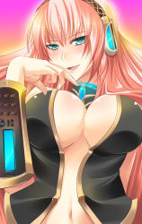 Rule 34 | 1girl, bad id, bad pixiv id, blush, breasts, female focus, gradient background, green eyes, headphones, large breasts, long hair, looking at viewer, maki (seventh heaven maxion), megurine luka, navel, parted lips, solo, vocaloid