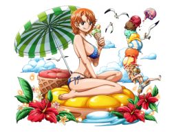 Rule 34 | 1boy, 1girl, :q, bare shoulders, barefoot, beach umbrella, belly chain, between legs, bikini, blue bikini, bodskih, breasts, brown eyes, derivative work, feet, flower, food, full body, hand between legs, hibiscus, holding, holding food, ice cream, jewelry, large breasts, looking at viewer, nami (one piece), navel, one piece, one piece treasure cruise, orange hair, oversized object, red flower, sanji (one piece), short hair, side-tie bikini bottom, sideboob, sitting, solo focus, striped, swimsuit, tongue, tongue out, transparent background, umbrella