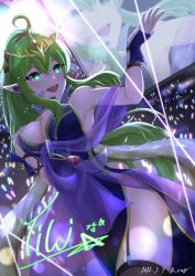 Rule 34 | 1girl, :d, absurdres, aged up, alternate costume, armpits, bare shoulders, blue dress, breasts, cleavage, dated, dress, fire emblem, fire emblem awakening, glowing, glowing eyes, glowstick, green eyes, green hair, hair ornament, hand on own chest, headset, highres, idol, large breasts, long hair, microphone, nintendo, open mouth, pointy ears, ponytail, ryuusaki rei, short dress, side slit, signature, smile, solo, stage, stage lights, strapless, strapless dress, tiara, tiki (adult) (fire emblem), tiki (fire emblem), tokyo mirage sessions fe, very long hair