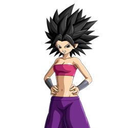 Rule 34 | 1girl, belly, black eyes, black hair, breasts, caulifla, collarbone, crop top, dragon ball, dragon ball super, hand on own hip, looking at viewer, navel, official art, pants, purple pants, smile, spiked hair