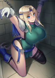 Rule 34 | 1girl, armpits, arms up, belt, blonde hair, blue eyes, boots, breasts, celes chere, final fantasy, final fantasy vi, gloves, headband, jony (avion mura), large breasts, long hair, restrained, single thighhigh, sleeveless, solo, thigh strap, thighhighs, torn clothes