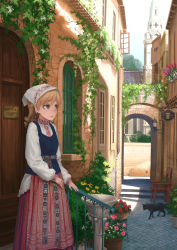 Rule 34 | 1girl, black cat, blonde hair, brown eyes, cat, chair, door, drill hair, flower, highres, idolmaster, idolmaster cinderella girls, industrial pipe, lif (lif &amp; ref), morikubo nono, open window, outdoors, plant, potted plant, railing, solo, sunlight, traditional clothes, window, wooden chair