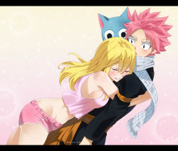 Rule 34 | 1girl, 2boys, animal ears, artist name, ass, bare shoulders, black eyes, blonde hair, blush, breasts, cat, cat ears, clenched teeth, closed eyes, crying, fairy tail, from side, gaston18, hair between eyes, happy (fairy tail), hetero, hug, large breasts, long hair, looking at another, looking down, lucy heartfilia, midriff, multiple boys, natsu dragneel, no bra, parted lips, pink hair, scarf, short shorts, shorts, sideboob, spiked hair, standing, stomach, surprise hug, surprised, tank top, tears, teeth, wide-eyed