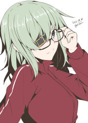 Rule 34 | 1girl, alternate costume, artist name, bespectacled, black-framed eyewear, blue eyes, breasts, commentary request, dated, eyepatch, glasses, green hair, highres, jacket, kantai collection, kiso (kancolle), long sleeves, medium breasts, red jacket, semi-rimless eyewear, short hair, simple background, solo, taira yuuki, track jacket, upper body, white background