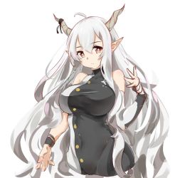 Rule 34 | 1girl, adapted costume, ahoge, arknights, black dress, breasts, chinese commentary, closed mouth, commentary, covered navel, cowboy shot, cropped legs, demon horns, detached sleeves, dress, expressionless, hair between eyes, highres, horn ornament, horn ribbon, horns, jiaowowuyujiuhao, large breasts, long hair, looking at viewer, no cape, pointy ears, red eyes, ribbon, shining (arknights), silver hair, simple background, single sleeve, solo, two-tone dress, very long hair, white background, white dress, wristband