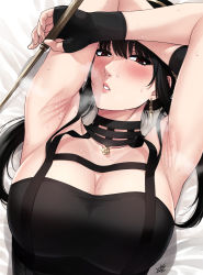 Rule 34 | 1girl, arm over head, armpit lips, armpits, arms on head, arms up, bed sheet, black gloves, black hair, blush, breasts, cleavage, close-up, fingerless gloves, gloves, gold hairband, hairband, highres, large breasts, lips, long hair, looking at viewer, lying, on back, parted lips, red eyes, signature, solo, spy x family, upper body, xter, yor briar