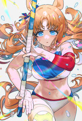 1girl animal_ears blue_eyes breasts brown_hair buruma closed_mouth commentary_request cowboy_shot grass_wonder_(umamusume) hand_wraps highres holding holding_pole horse_ears horse_girl horse_tail lens_flare long_hair medium_breasts multicolored_hair navel pole running sarcophage simple_background solo stomach streaked_hair sweat sweatdrop tail track_and_field umamusume white_background white_buruma white_hair