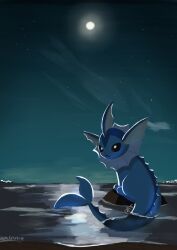 Rule 34 | absurdres, black eyes, commentary request, creatures (company), full moon, game freak, gen 1 pokemon, highres, looking at viewer, looking back, moon, night, nintendo, no humans, ocean, outdoors, pocketekcop, pokemon, pokemon (creature), solo, star (sky), vaporeon