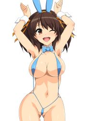 Rule 34 | 1girl, absurdres, animal ears, arms up, blush, breasts, brown eyes, brown hair, detached collar, fake animal ears, gluteal fold, hair ornament, hairband, haruhisky, highres, large breasts, navel, one eye closed, open mouth, rabbit ears, rabbit pose, revealing clothes, shiny skin, simple background, smile, solo, stomach, suzumiya haruhi, suzumiya haruhi no yuuutsu, swimsuit, thighs, white background, wrist cuffs