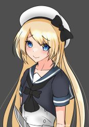 Rule 34 | 1girl, blonde hair, blue eyes, blue sailor collar, commentary request, daichi (daiti1318), dress, empty eyes, grey background, hat, highres, jervis (kancolle), kantai collection, knife, sailor collar, sailor dress, sailor hat, solo, upper body, white dress, white hat, yandere