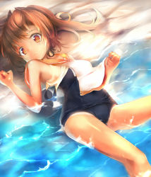 Rule 34 | 10s, 1girl, bad id, bad pixiv id, beach, brown eyes, brown hair, i-401 (kancolle), kantai collection, looking at viewer, lying, ocean, on back, open clothes, open shirt, school swimsuit, school uniform, serafuku, shirt, solo, swimsuit, swimsuit under clothes, umagenzin