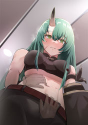 Rule 34 | 1girl, arknights, arm scarf, bare shoulders, black pants, black shirt, blush, breasts, closed mouth, commentary request, cowboy shot, crop top, crossed bangs, disembodied hand, from below, green hair, hair between eyes, highres, horns, hoshiguma (arknights), indoors, large breasts, long hair, looking at viewer, midriff, navel, pants, scar, shirt, sidelocks, single horn, skin-covered horns, sleeveless, sleeveless shirt, solo, solokitsune, spread navel, standing, steam, toned