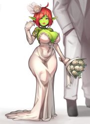 Rule 34 | 1boy, 1girl, absurdres, ahoge, body freckles, borrowed character, bouquet, breasts, bride, bursting breasts, cindi sparxlight (pop-up prism), cleavage, colored skin, commentary, couple, covered navel, curvy, dress, elbow gloves, english commentary, female goblin, flower, freckles, gloves, goblin, green skin, groom, hair flower, hair ornament, hand in pocket, head out of frame, height difference, hetero, highres, holding, holding bouquet, husband and wife, impossible clothes, impossible dress, kelvin hiu, large breasts, lips, lipstick, long dress, makeup, mole, mole under mouth, monster girl, no bra, original, parted bangs, pointy ears, red hair, shortstack, shrug (clothing), solo focus, strapless, strapless dress, sweatdrop, wedding, wedding dress, white gloves, wide hips, yellow eyes
