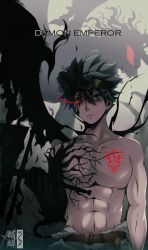Rule 34 | 1boy, abs, absurdres, asta (black clover), belt, black clover, black hair, black headband, brown belt, chest tattoo, commentary, demon, english commentary, english text, glowing, glowing eye, green eyes, grey hair, grey pants, hair between eyes, headband, heterochromia, highres, holding, holding sword, holding weapon, horns, kirin27, male focus, multicolored hair, muscular, pants, red eyes, signature, single horn, single wing, solo, spoilers, sword, tattoo, topless male, two-tone hair, upper body, weapon, wings