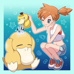 Rule 34 | 1girl, ;), absurdres, bare arms, border, closed mouth, commentary request, creatures (company), eyelashes, game freak, gen 1 pokemon, green border, green eyes, hands up, highres, holding, holding watering can, legs, misty (pokemon), navel, nintendo, one eye closed, orange hair, outline, pokemon, pokemon (creature), pokemon lgpe, psyduck, shirt, shoes, shorts, side ponytail, sleeveless, sleeveless shirt, smile, squatting, watering can, white shirt, yuu (jgvj7873)