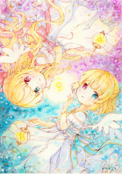 Rule 34 | 2girls, angel wings, arm up, blonde hair, blue background, blue eyes, commentary request, dress, emo (mikan), expressionless, glowing, hair ribbon, half updo, heterochromia, lantern, long hair, looking at viewer, multiple girls, original, painting (medium), parted lips, petticoat, ponytail, puffy short sleeves, puffy sleeves, purple background, purple eyes, ribbon, rotational symmetry, short hair, short sleeves, star (symbol), traditional media, two-tone background, upside-down, watercolor (medium), white dress, wings