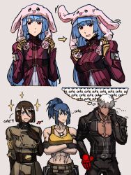Rule 34 | 1boy, 3girls, abs, animal ears, animal hat, blue hair, brother and sister, brown hair, gloves, hat, highres, jacket, k&#039; (kof), kula diamond, leather, leather gloves, leather jacket, leona heidern, multiple girls, non-web source, rabbit ears, rabbit hat, siblings, syachiiro, the king of fighters, whip (kof), white hair