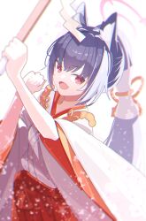 Rule 34 | 1girl, animal ear fluff, animal ears, bad anatomy, black hair, blue archive, blush, breasts, cat ears, fang, hakama, halo, japanese clothes, kimono, long hair, looking at viewer, medium breasts, miko, official alternate costume, open mouth, ponytail, red eyes, red hakama, serika (blue archive), serika (new year) (blue archive), simple background, skin fang, solo, tatara (alnath may), white background, white kimono