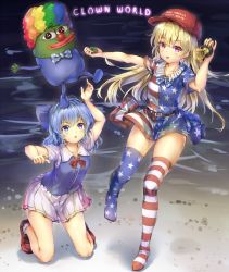 Rule 34 | 2girls, american flag dress, american flag legwear, asymmetrical footwear, asymmetrical legwear, blonde hair, blue eyes, blue hair, blue vest, blush, bow, cirno, clothes writing, clownpiece, colored skin, dress, english text, fii fii (feefeeowo), frilled shirt collar, frills, full body, green skin, hair bow, highres, holding hands, kneeling, loafers, looking at viewer, make america great again, mismatched footwear, multiple girls, neck ruff, parted lips, pepe the frog, pink eyes, polka dot, print legwear, puffy short sleeves, puffy sleeves, shoes, short hair, short sleeves, skirt, smile, standing, star (symbol), star print, striped clothes, striped dress, striped legwear, striped thighhighs, thighhighs, touhou, uneven legwear, vest, white skirt