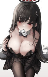Rule 34 | 1girl, absurdres, alternate costume, at congju, black hair, black jacket, black leotard, black skirt, blue archive, blush, breasts, bright pupils, cleavage, collarbone, commentary, detached collar, hair ornament, hairclip, halo, highres, jacket, large breasts, leotard, long hair, looking at viewer, mouth hold, open clothes, open jacket, pantyhose, playboy bunny, red eyes, rio (blue archive), sideboob, simple background, skirt, solo, very long hair, white background, white pupils