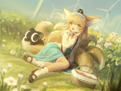 Rule 34 | 1girl, :d, animal ear fluff, animal ears, arknights, bag, basket, black cat, black footwear, blonde hair, blue hairband, blue skirt, blue sky, cat, cloud, commentary request, crossover, day, flower, fox ears, fox girl, fox tail, frilled hairband, frilled socks, frills, grass, green eyes, hairband, hand up, heixiu, jacket, kitsune, long sleeves, looking at viewer, luo xiaohei, neck ribbon, on grass, on head, open mouth, outdoors, puffy long sleeves, puffy sleeves, red ribbon, ribbon, sarena, shirt, shoes, shoulder bag, skirt, sky, smile, socks, suzuran (arknights), suzuran (spring praise) (arknights), tail, teeth, luo xiaohei zhanji, upper teeth only, white flower, white jacket, white shirt, white socks, wind turbine, windmill