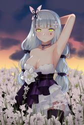 Rule 34 | 1girl, absurdres, alternate costume, alternate hairstyle, arm behind back, arm behind head, armpits, bare arms, bare shoulders, black bow, black choker, black gloves, black thighhighs, blunt bangs, blush, bow, breasts, choker, cleavage, collarbone, dress, evening, expressionless, facial mark, field, finn flint, floating hair, flower, flower field, girls&#039; frontline, gloves, green eyes, hair flower, hair ornament, hair ribbon, hairband, hand up, highres, hk416 (girls&#039; frontline), hk416 (starry cocoon) (girls&#039; frontline), layered dress, long hair, looking at viewer, medium breasts, multi-tied hair, outdoors, ribbon, silver hair, solo, standing, strapless, strapless dress, teardrop, thighhighs, very long hair, white flower, white hairband, white ribbon