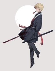 Rule 34 | 1boy, black footwear, black gloves, black pants, blonde hair, blood, blood in hair, blood on clothes, blood on face, closed eyes, earrings, full body, gloves, highres, holding, holding sheath, holding sword, holding weapon, jewelry, katana, limbus company, long sleeves, male focus, pants, parted lips, project moon, puffy long sleeves, puffy sleeves, satome setsuko, sheath, shoes, simple background, sinclair (project moon), smile, solo, sweat, sword, tassel, tassel earrings, unsheathing, weapon, white background