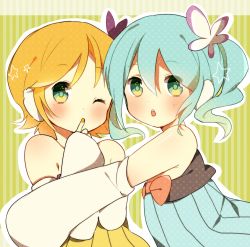Rule 34 | 2girls, aqua hair, bad id, bad pixiv id, blonde hair, blush, colorful x melody (vocaloid), detached sleeves, green eyes, hatsune miku, hug, kagamine rin, multiple girls, one eye closed, open mouth, project diva, project diva (series), project diva 2nd, short hair, striped, striped background, unano, vertical stripes, vocaloid, wink