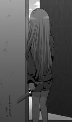 Rule 34 | absurdres, cloud, facing away, feet out of frame, greyscale, highres, holding, holding knife, indoors, knife, legs, long hair, monochrome, namaniku (nmnk2020), open door, original, pajamas, shorts, standing, translation request, wall, yandere