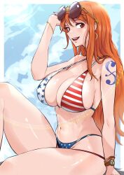 Rule 34 | 1girl, american flag, american flag bikini, american flag print, arm tattoo, ass, bikini, blue sky, blush, bracelet, breasts, brown eyes, cleavage, cloud, cloudy sky, curvy, female focus, flag print, fourth of july, highres, jewelry, large breasts, long hair, looking at viewer, nami (one piece), nami (one piece) (post-timeskip), navel, one piece, orange hair, shiny skin, shoulder tattoo, sitting, sky, smile, stomach, sunglasses, sunglasses on head, sunlight, swimsuit, tattoo, thong, thong bikini, very long hair, vialnite, wet, wide hips