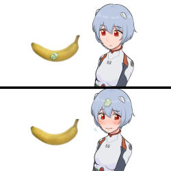 Rule 34 | 1girl, 2koma, :|, ayanami rei, banana, blue hair, blush, bodysuit, breasts, closed mouth, comic, expressionless, fidgeting, food, fruit, hair between eyes, highres, looking away, neon genesis evangelion, nvi2762, plugsuit, red eyes, simple background, small breasts, smile, sticker, sweatdrop, upper body, white background, white bodysuit